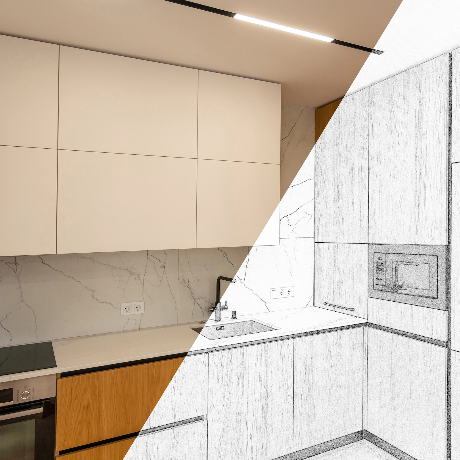 Stylish kitchen interior with modern furniture. Combination of photo and sketch.